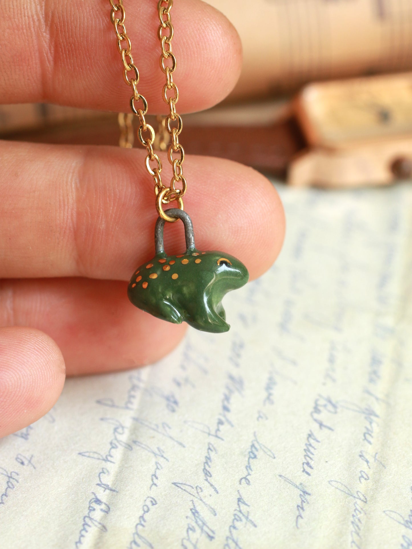 Ceramic Frog necklace - 22k gold details