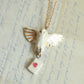 Ceramic Barn owl necklace with a tiny letter - 22k gold details