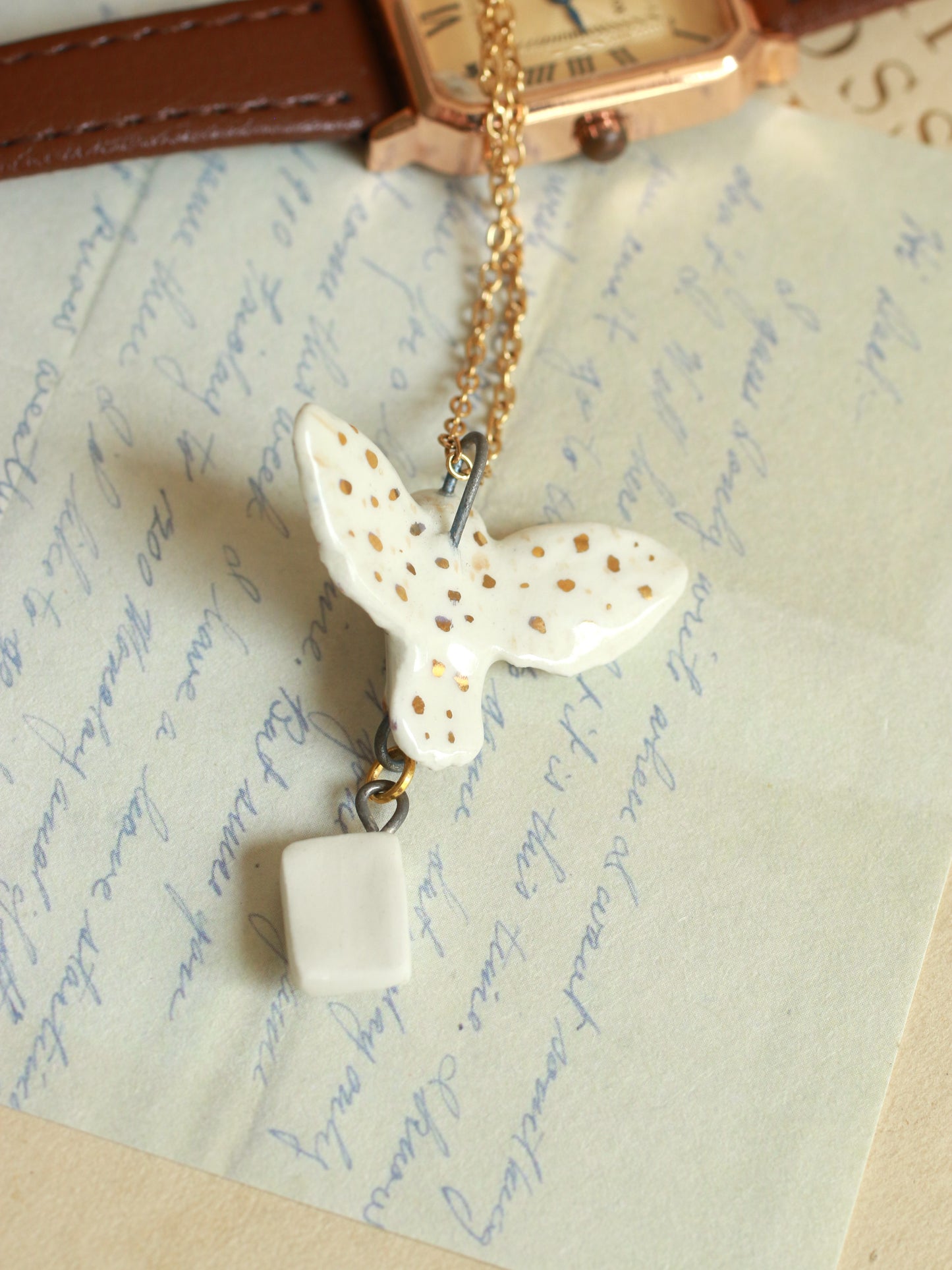 Ceramic Barn owl necklace with a tiny letter - 22k gold details