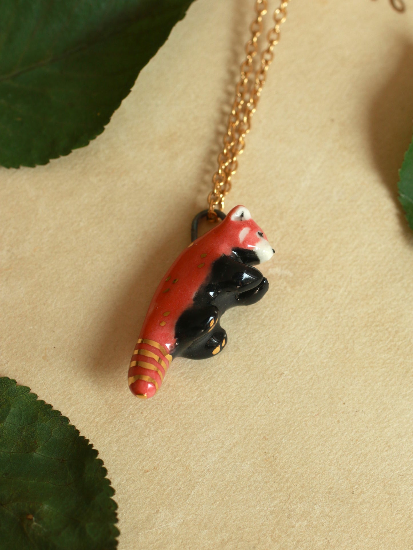 Ceramic Red Panda necklace - 22k gold details