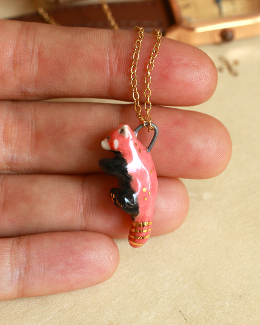 Ceramic Red Panda necklace - 22k gold details