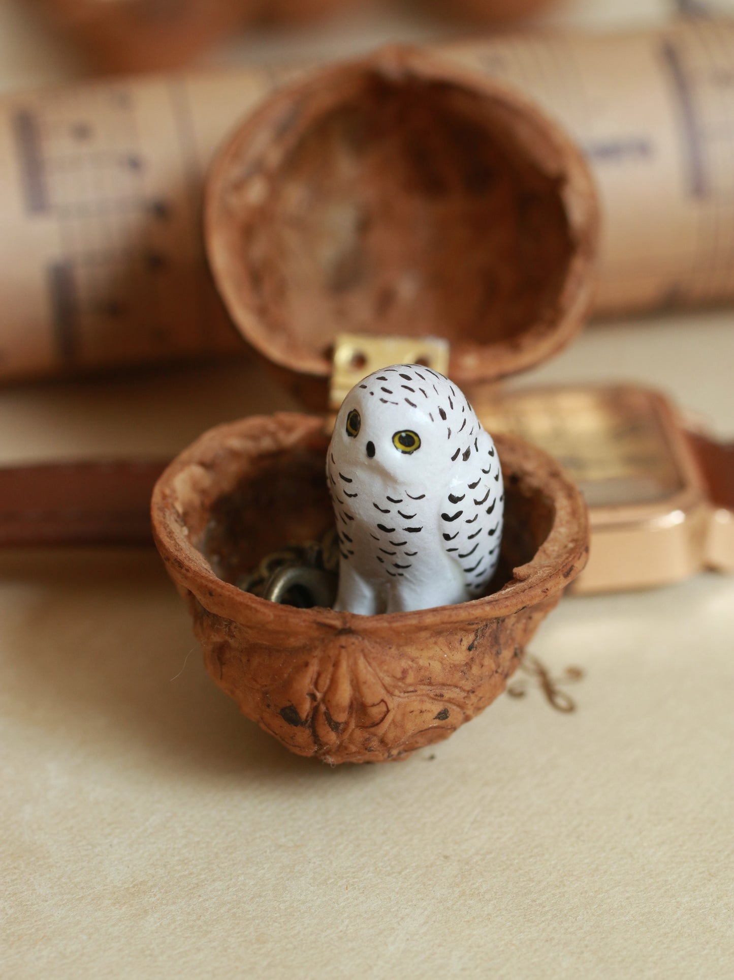 Snowy owl necklace in a nutshell box