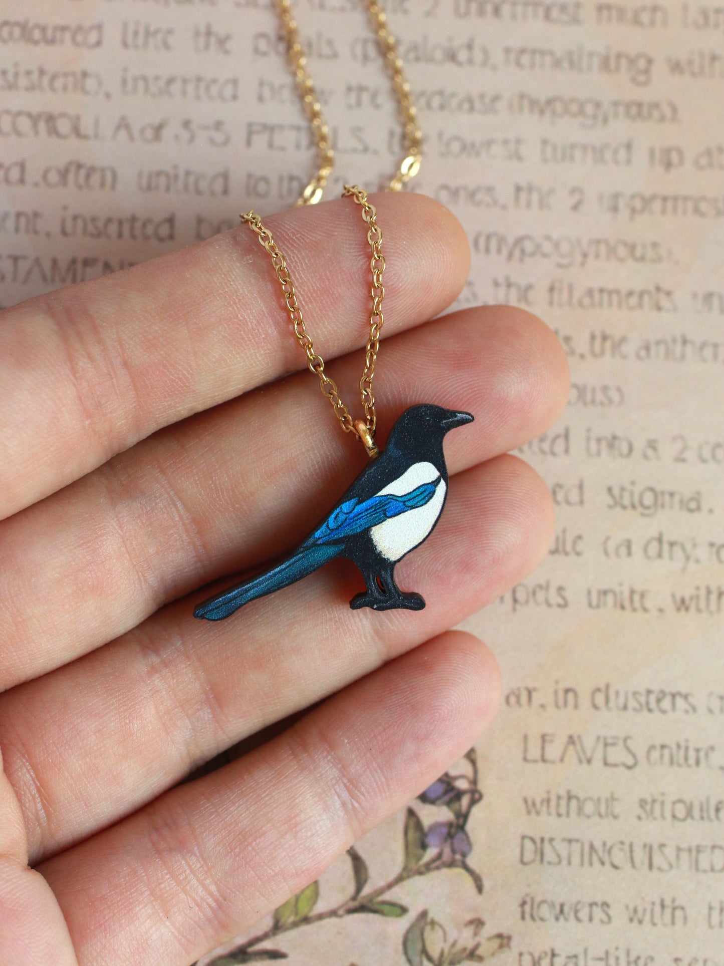 Magpie necklace - wooden bird pendant