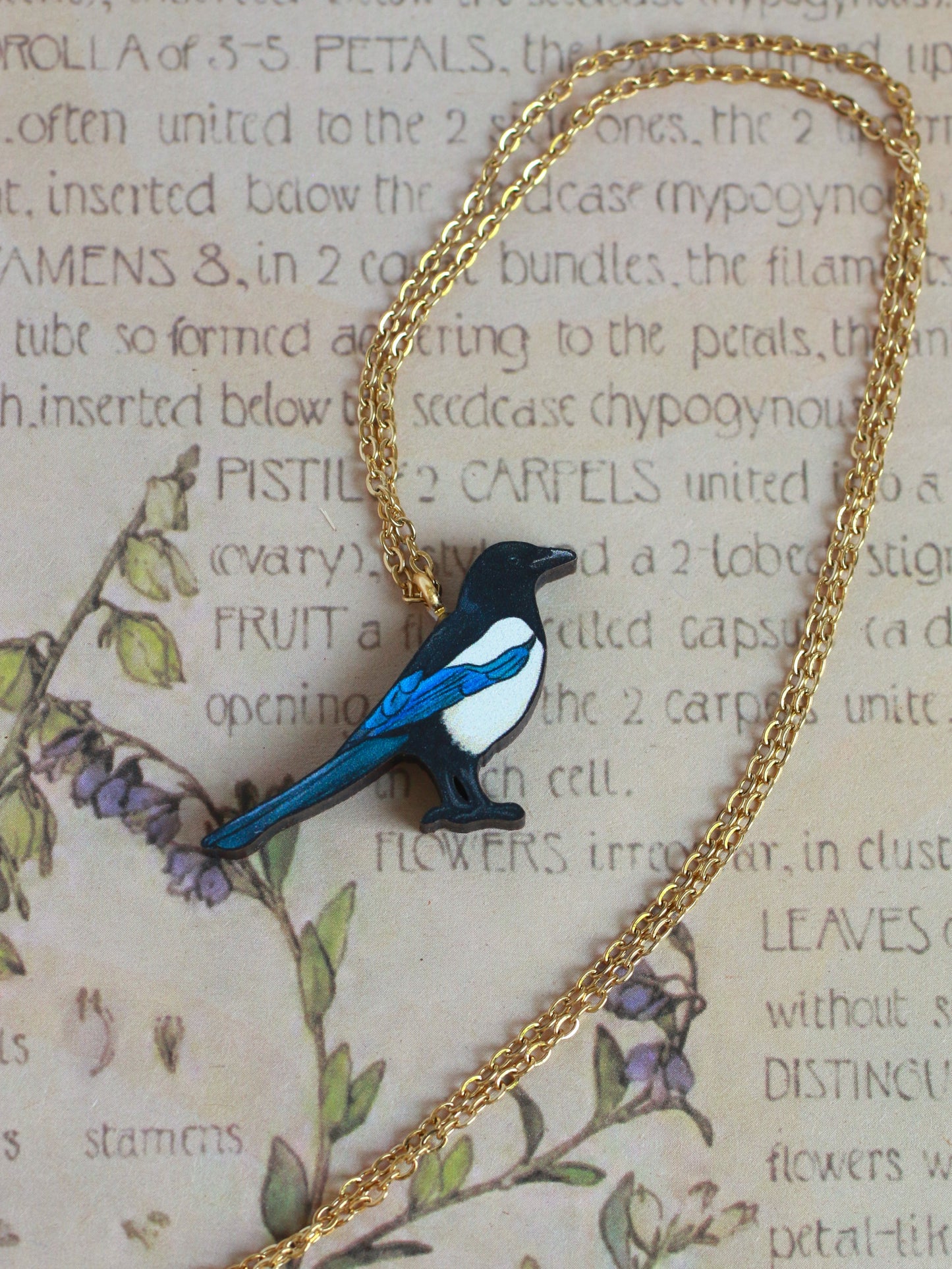 Magpie necklace - wooden bird pendant