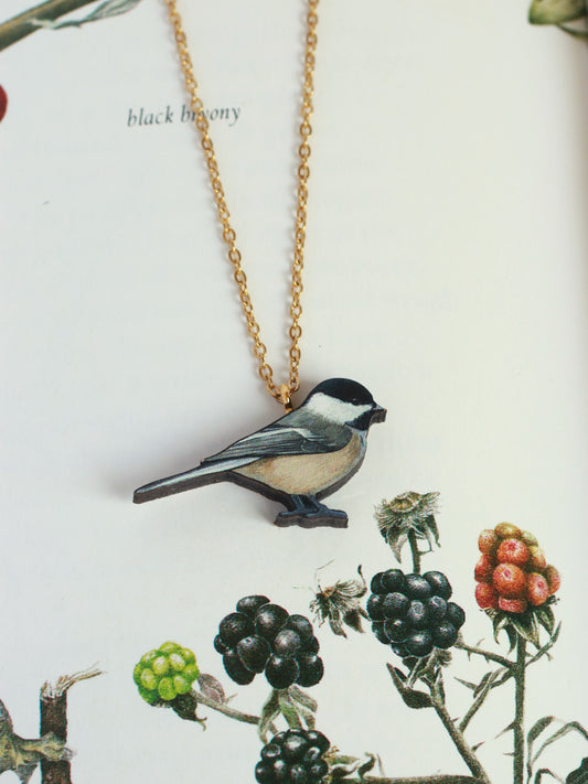 Chickadee necklace - wooden bird pendant