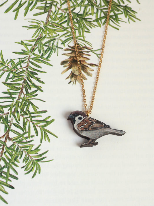 Sparrow necklace - wooden bird pendant