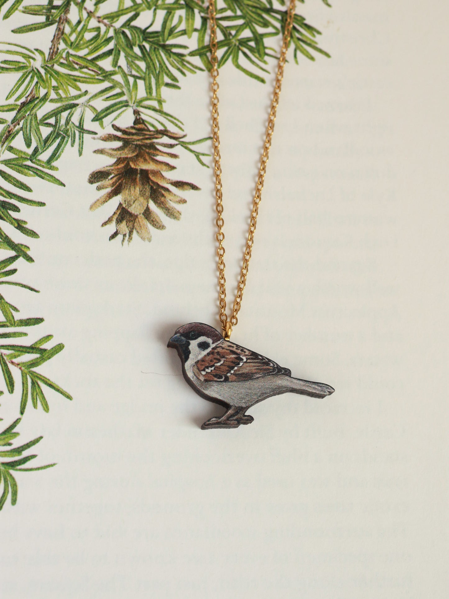 Sparrow - wooden bird necklace