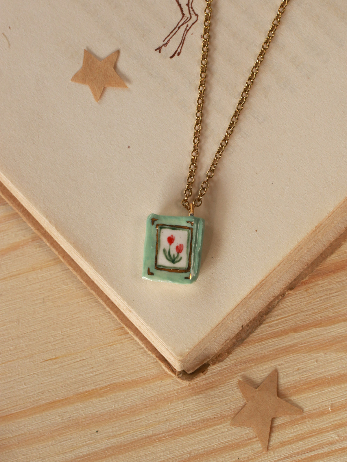 Flower book necklace - Light green book