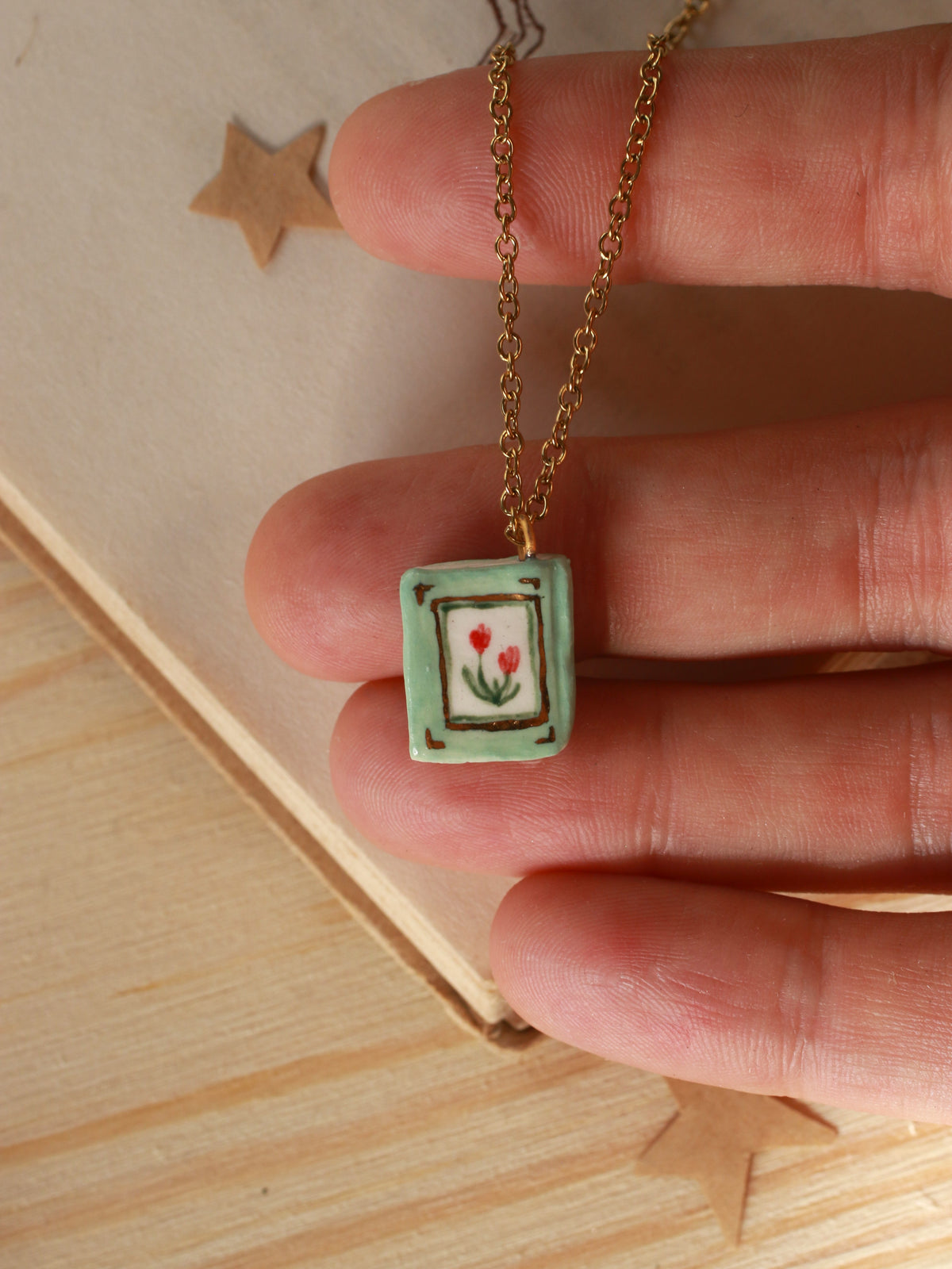 Flower book necklace - Light green book