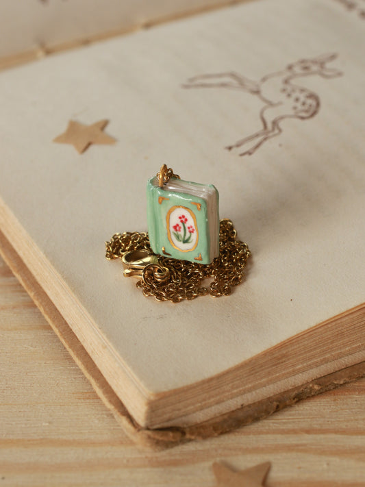 Flower book necklace - Light green book