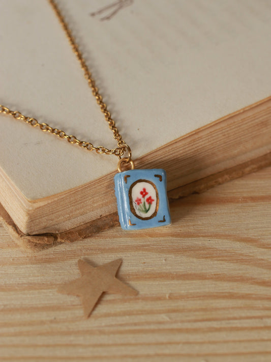 Flower book necklace - Blue book