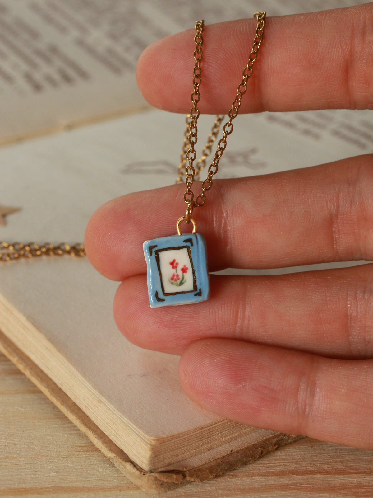 Flower book necklace - Blue book