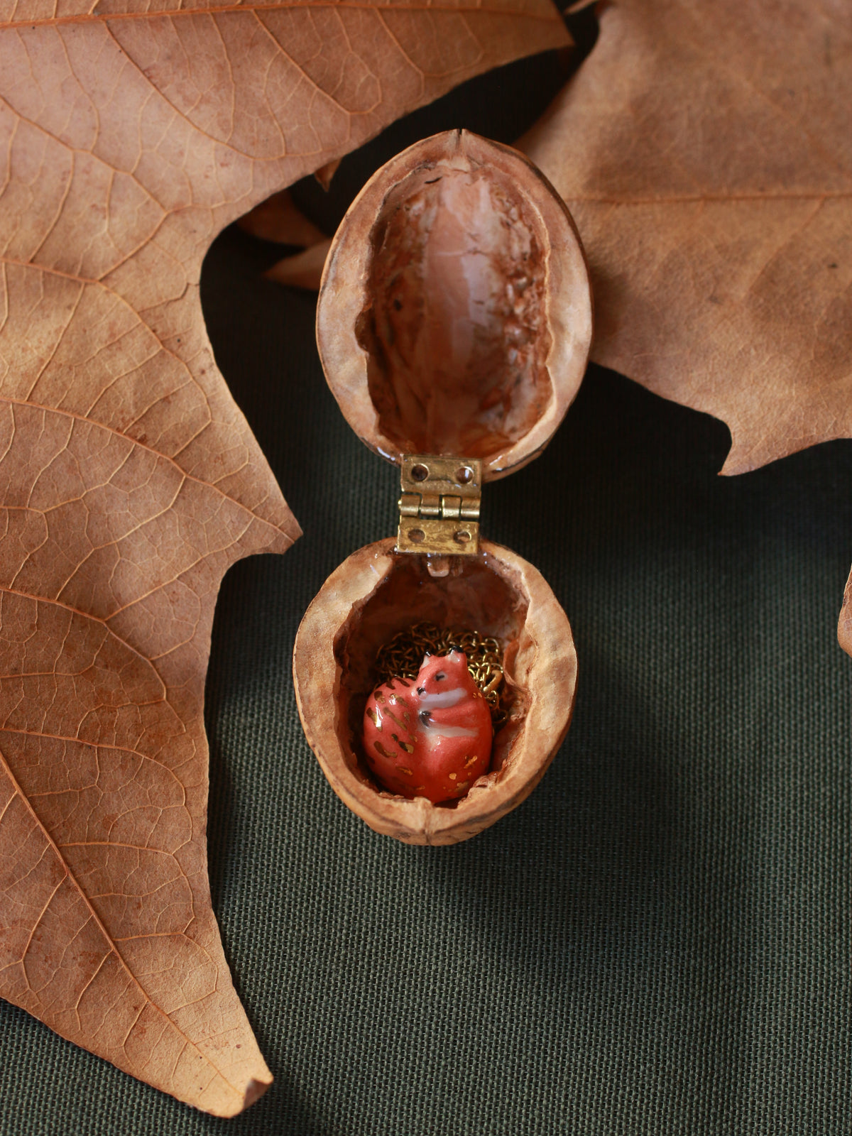 Sleeping squirrel necklace - walnut box