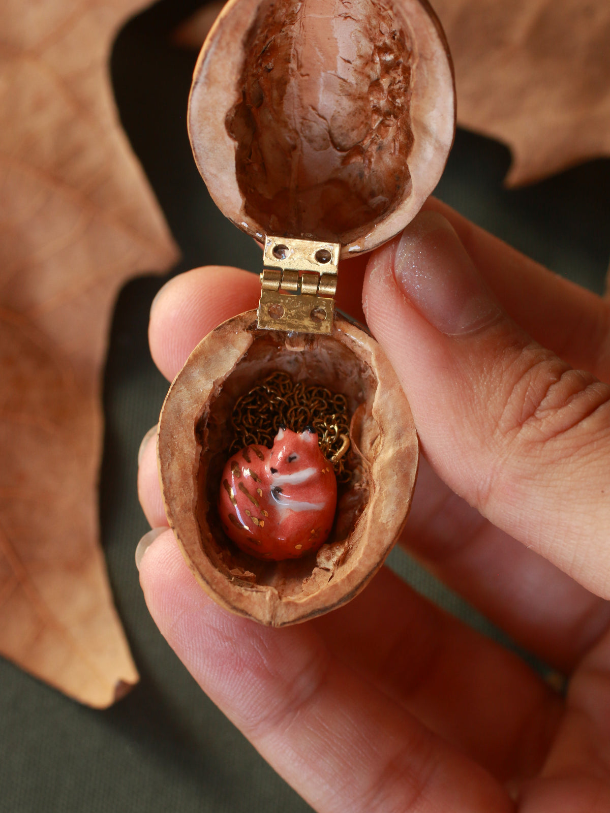 Sleeping squirrel necklace - walnut box