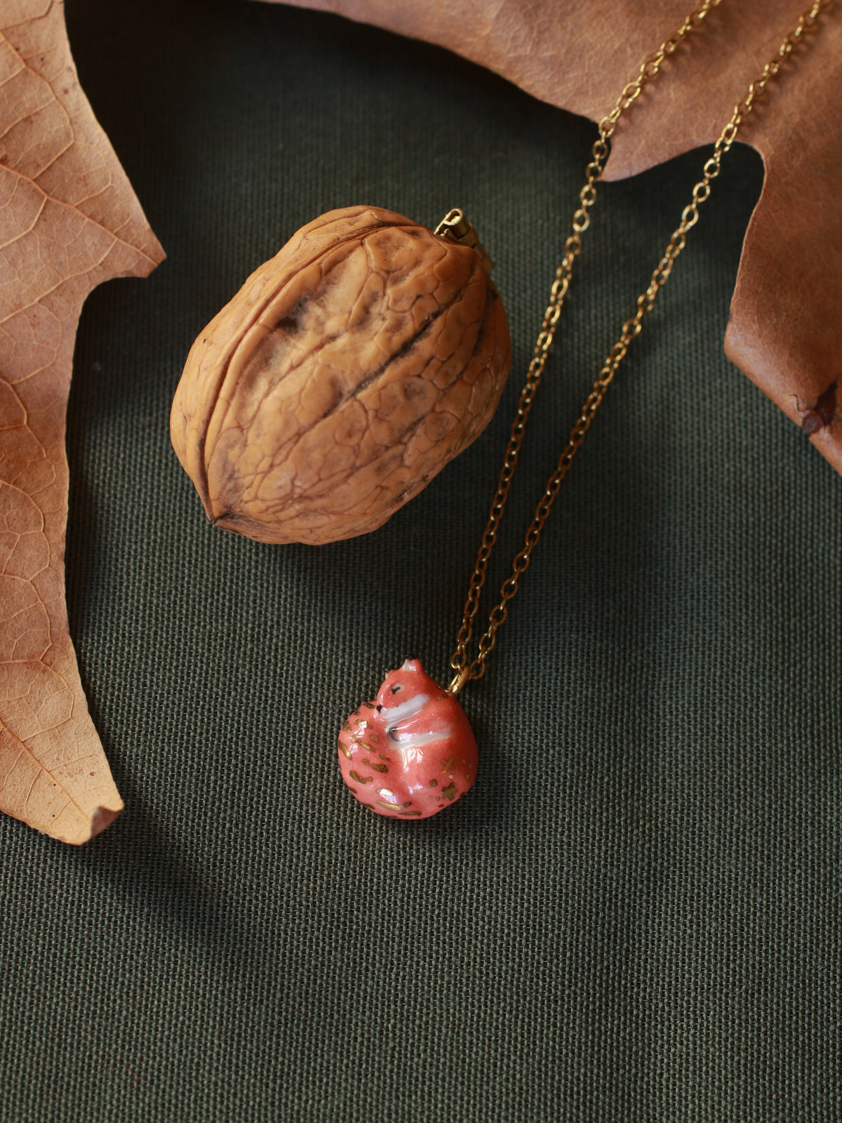 Sleeping squirrel necklace - walnut box
