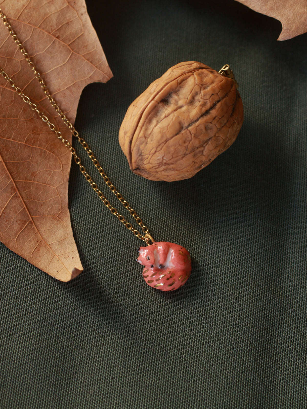 Sleeping squirrel necklace - walnut box
