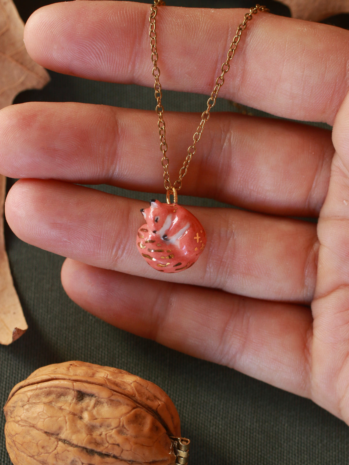 Sleeping squirrel necklace - walnut box
