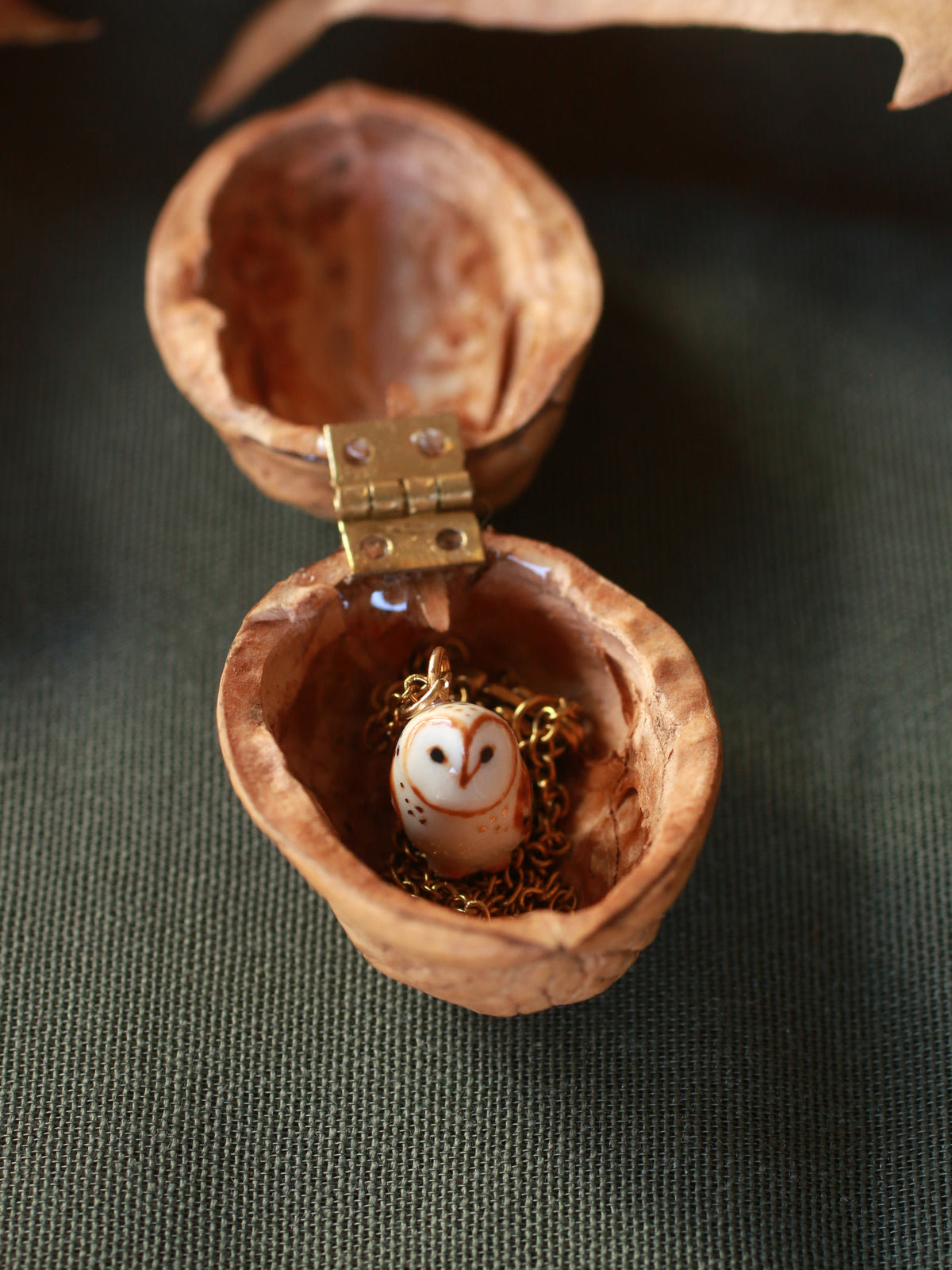 Barn owl necklace - nutshell box