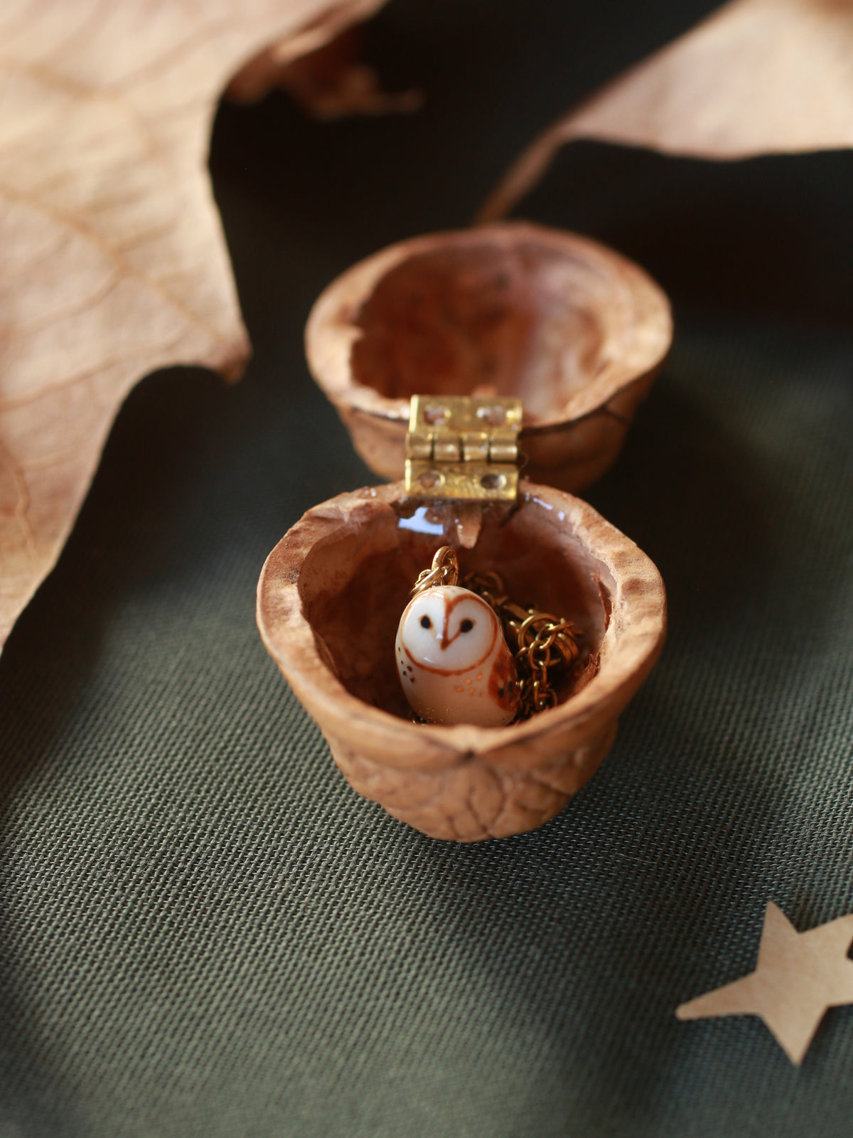 Barn owl necklace - nutshell box
