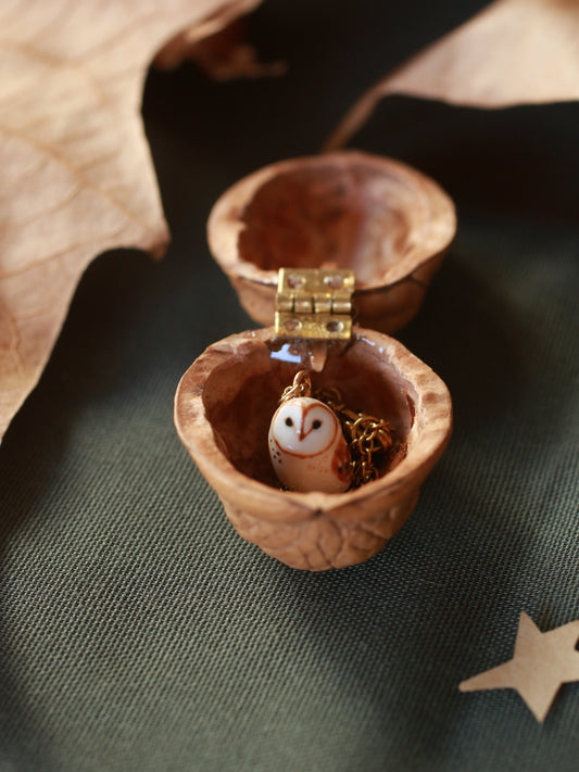 Barn owl necklace - nutshell box