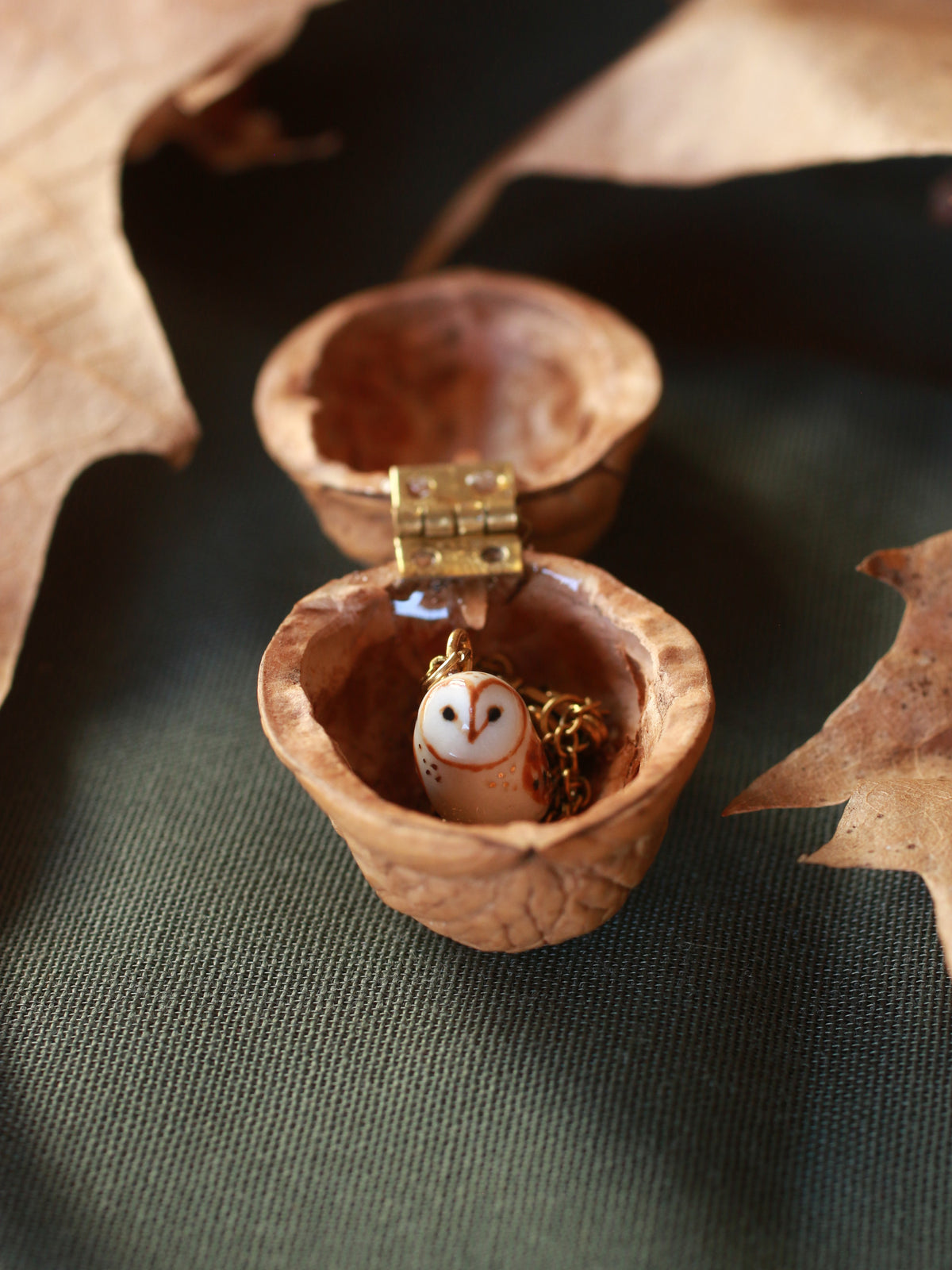 Barn owl necklace - nutshell box