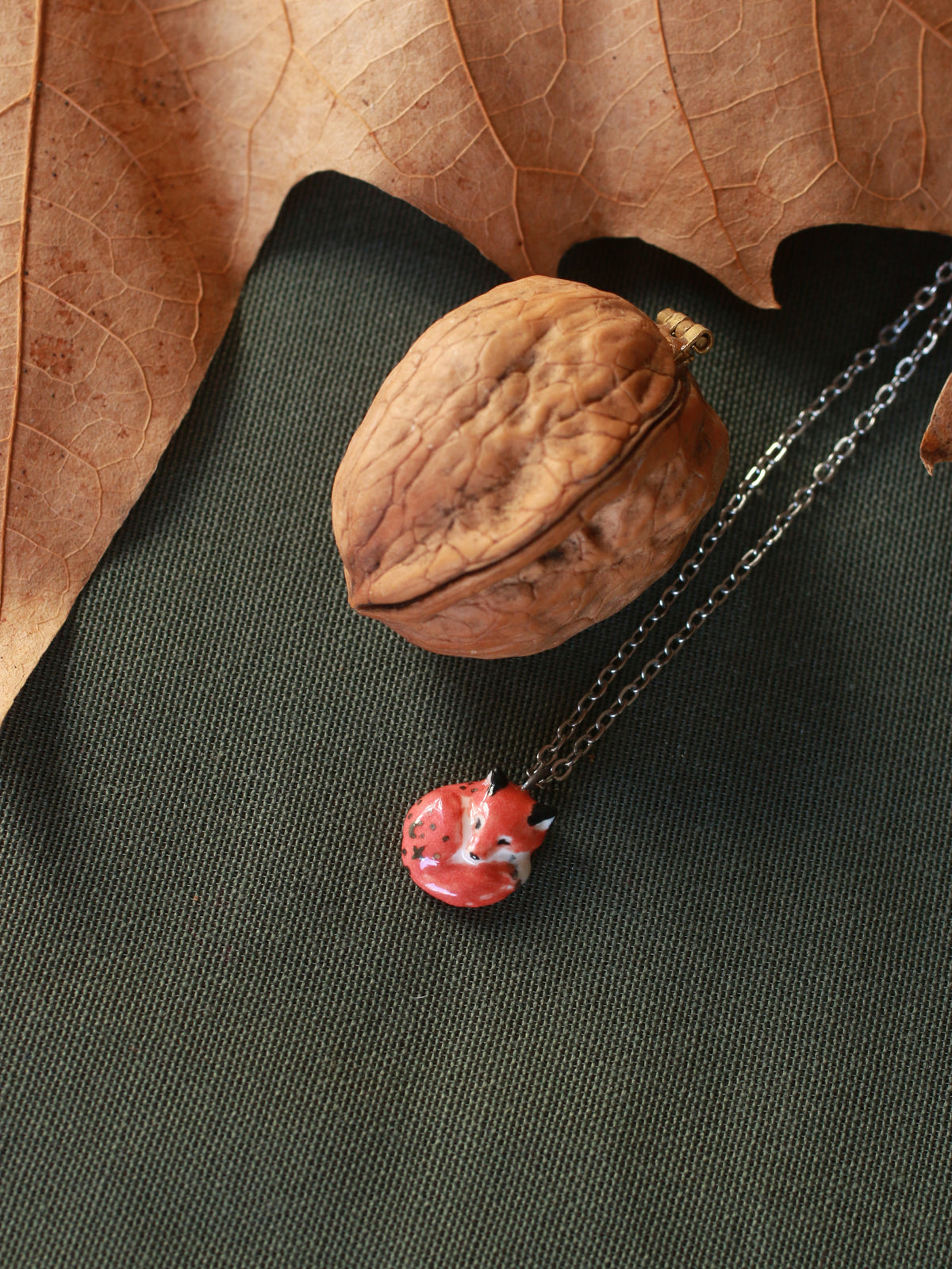 Sleeping Fox necklace - walnut box