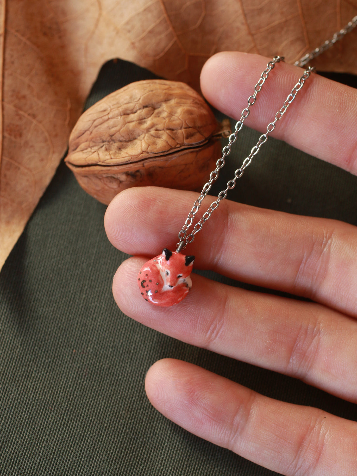 Sleeping Fox necklace - walnut box