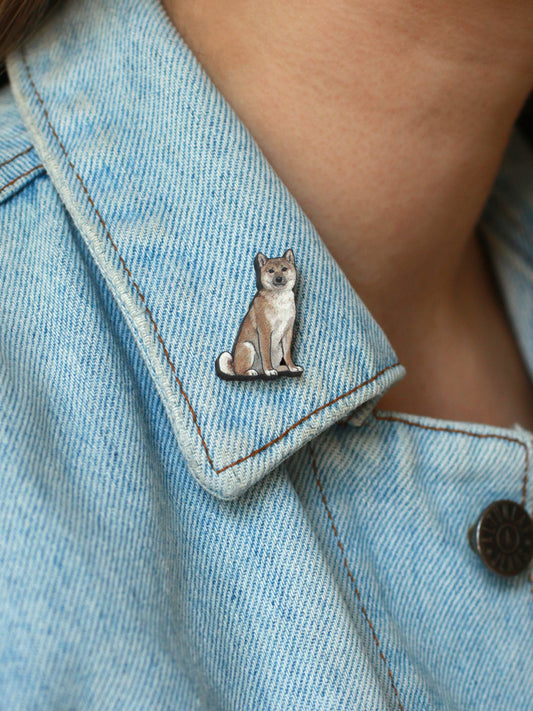 Shiba inu pin - wooden dog brooch