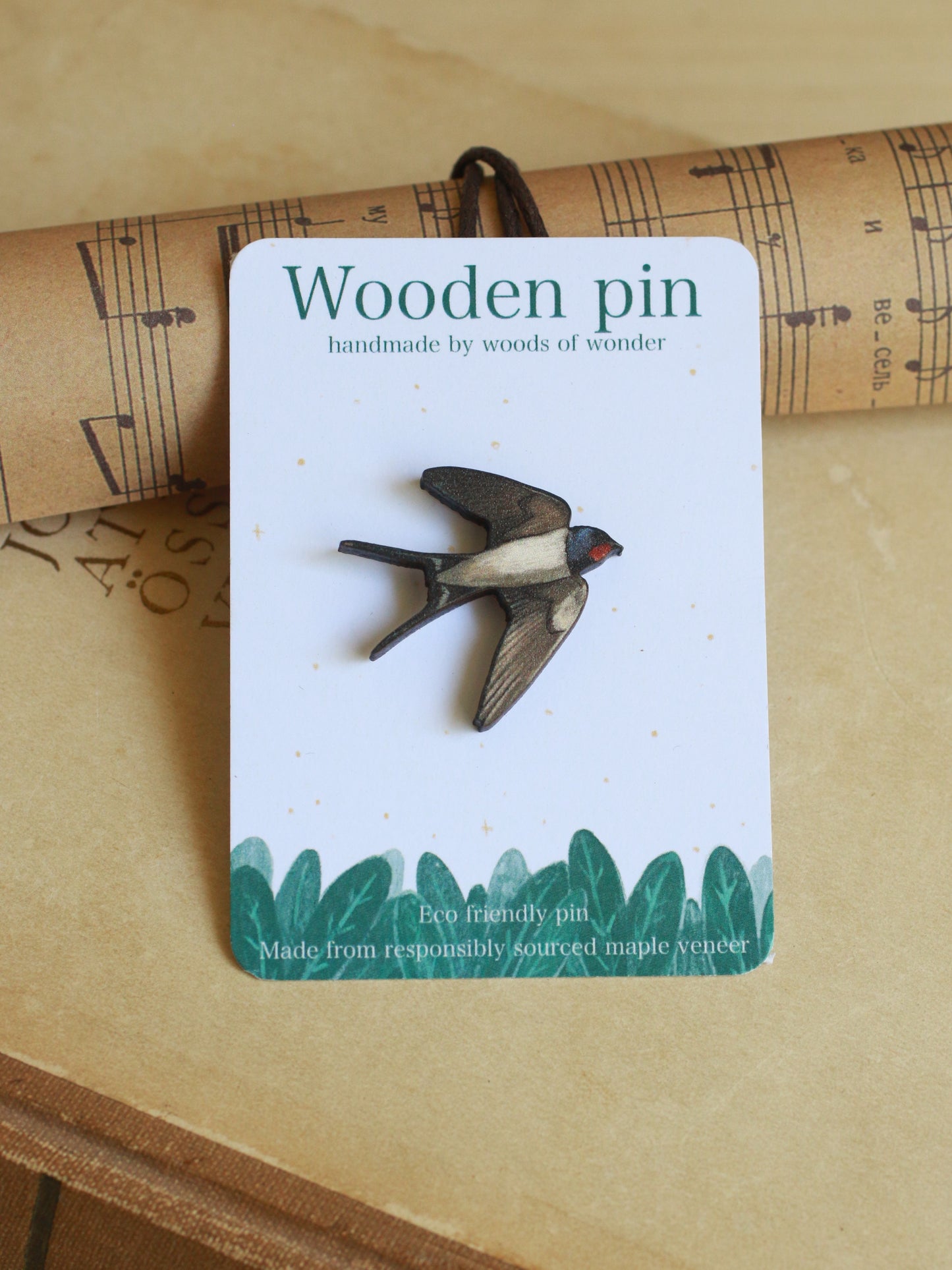 Swallow pin - wooden bird brooch