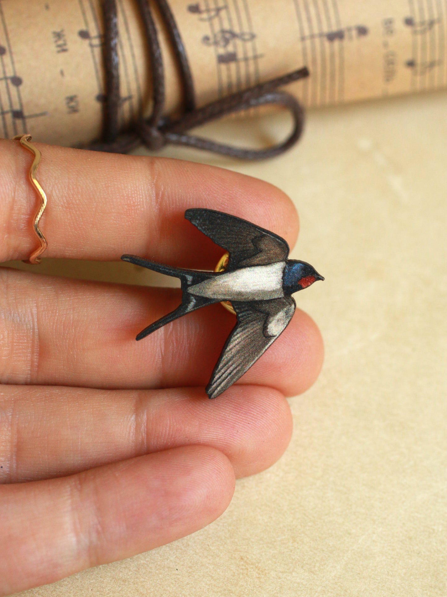 Swallow pin - wooden bird brooch