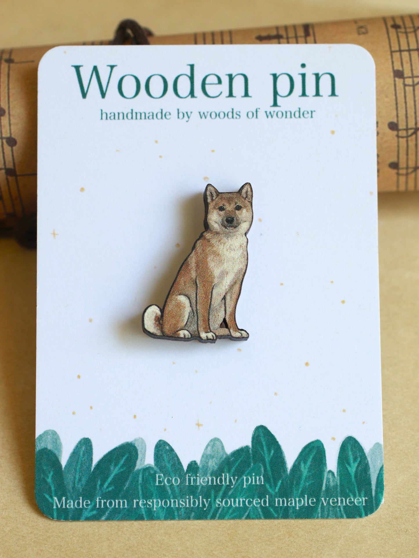 Shiba inu pin - wooden dog brooch