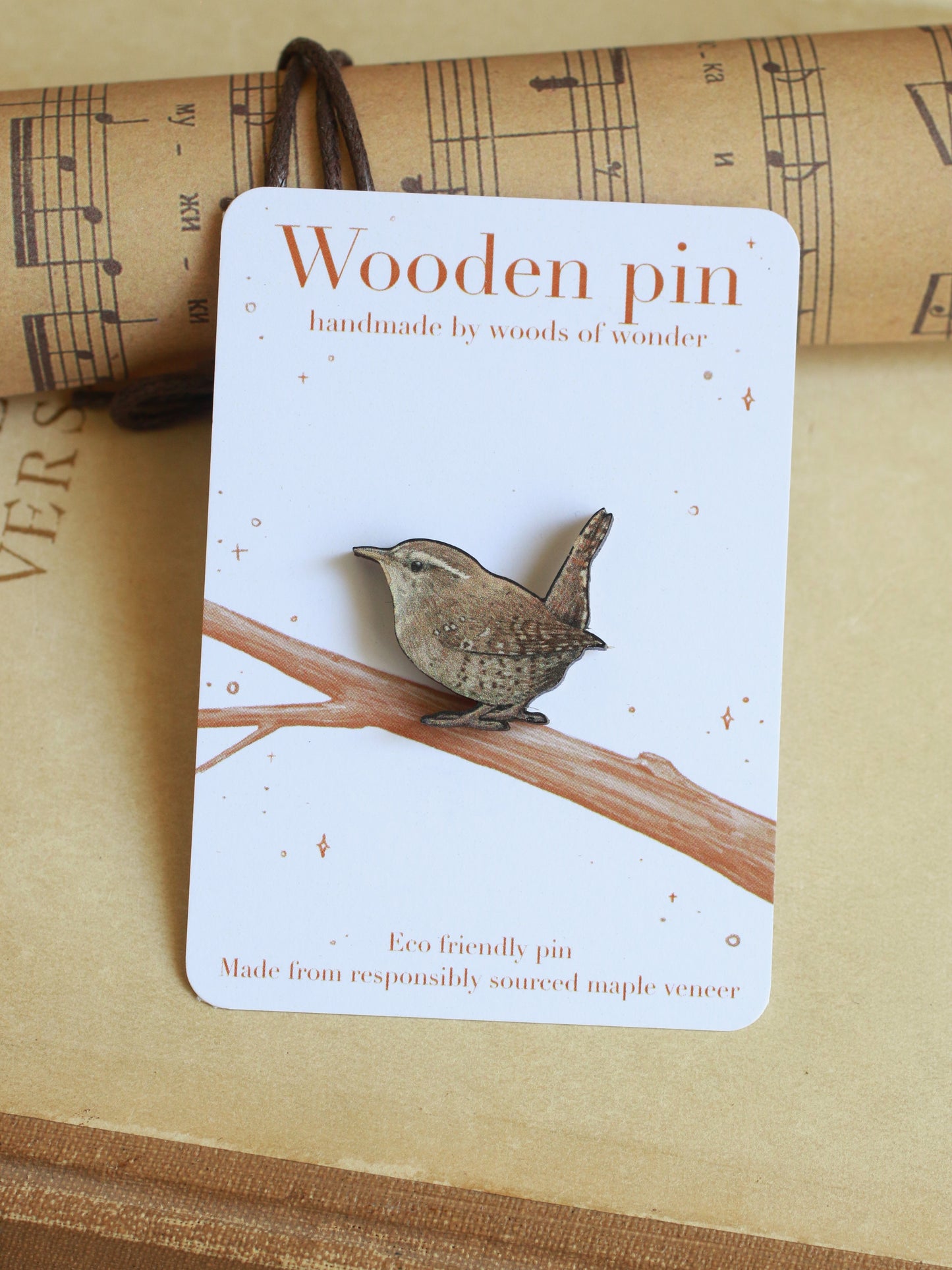 Wren pin - wooden bird pin