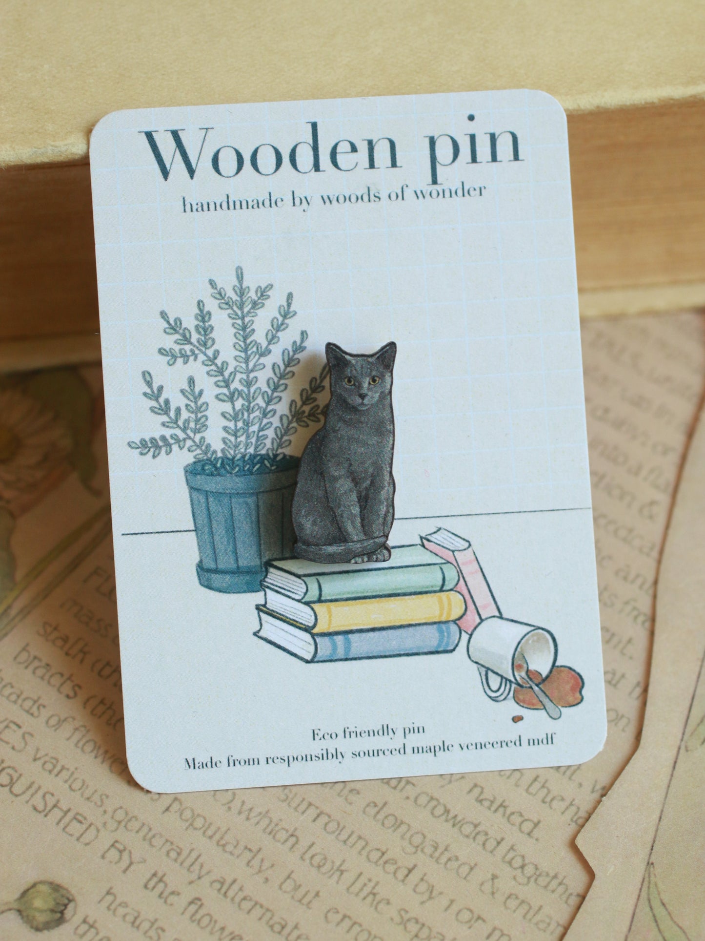 Gray cat wooden pin