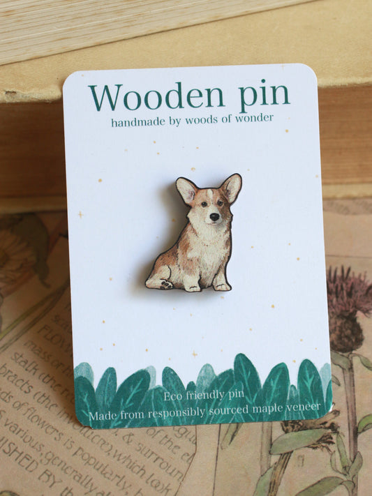 Corgi pin - wooden dog brooch