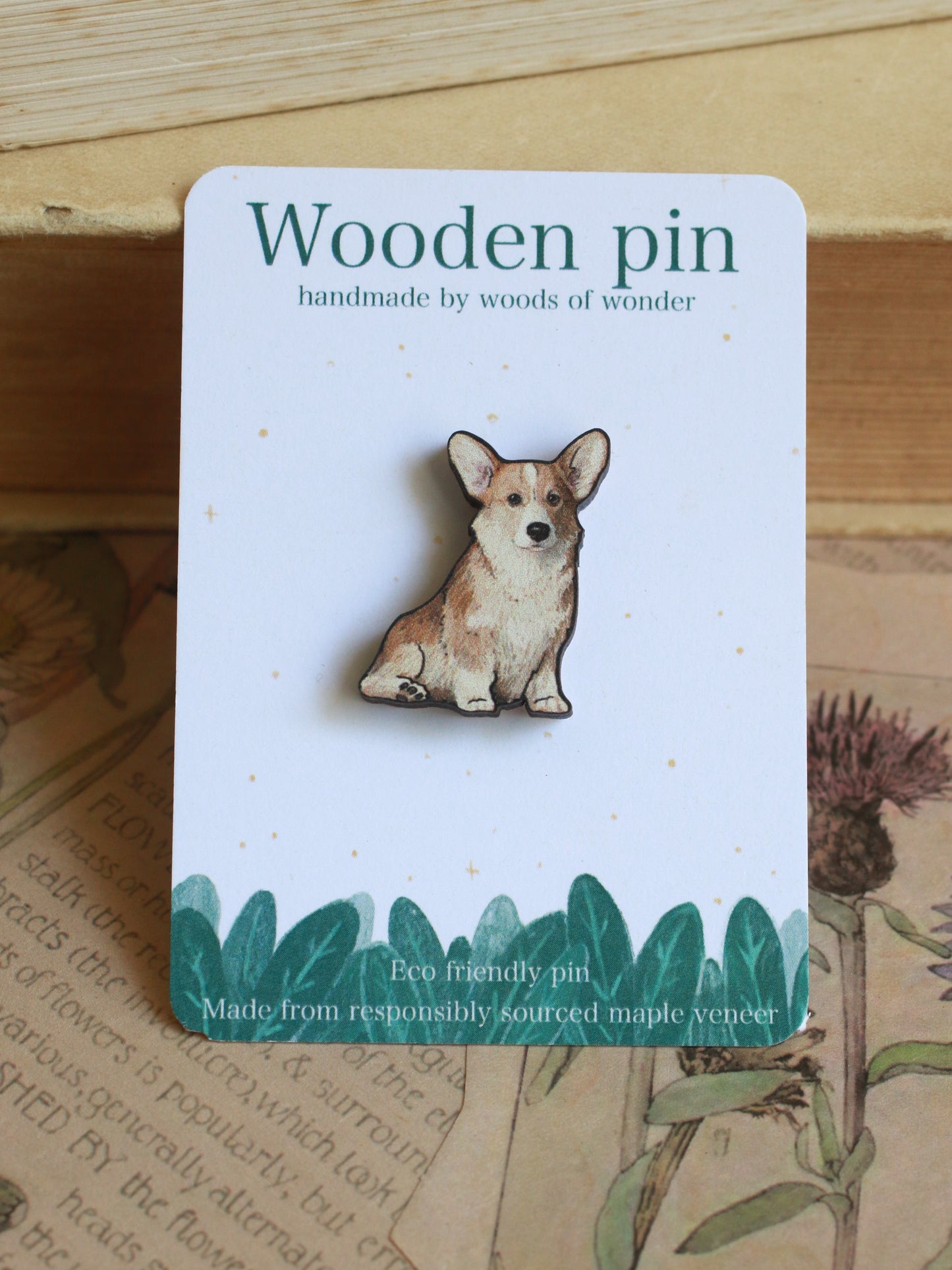 Corgi pin - wooden dog brooch