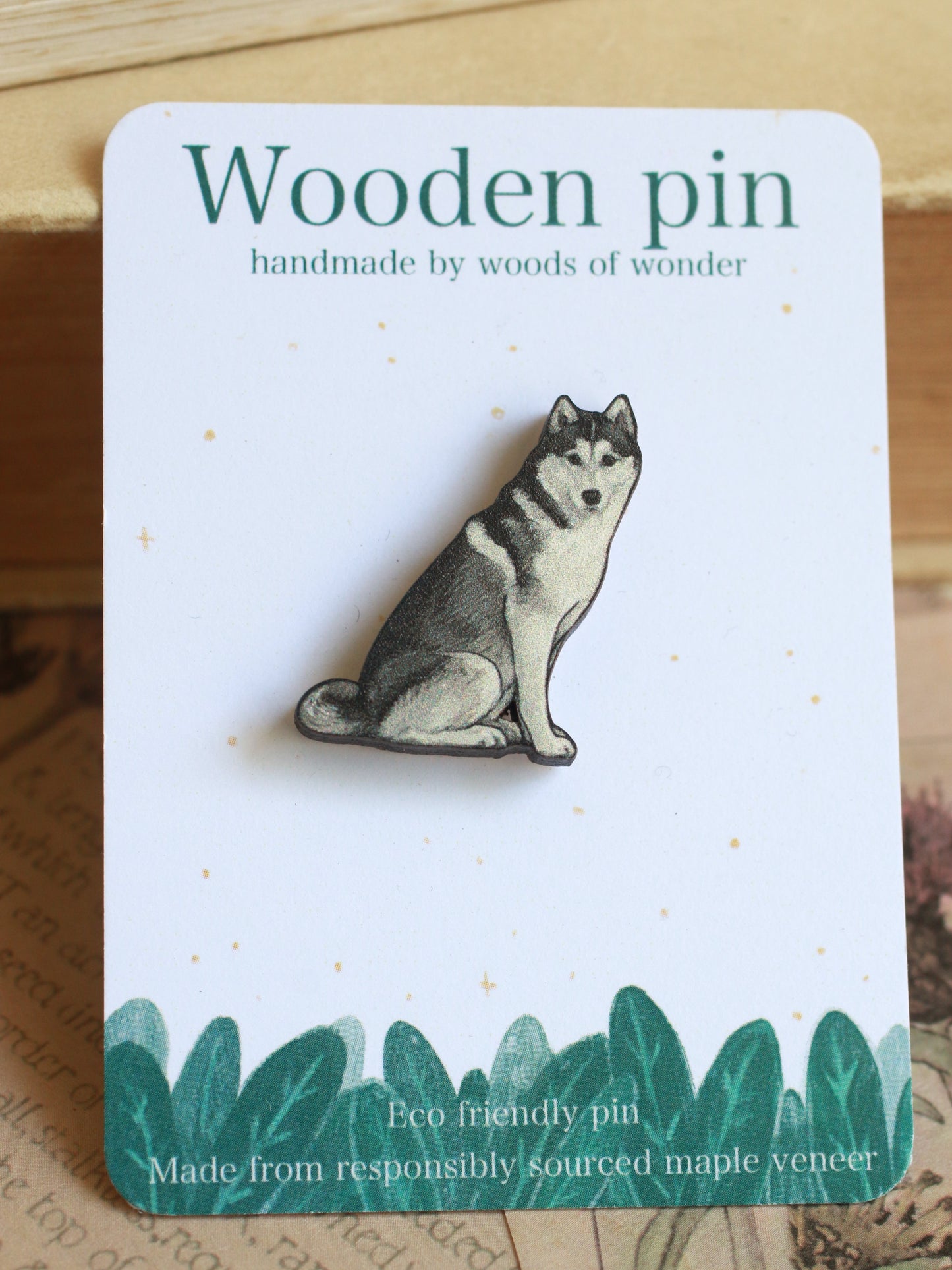 Husky pin - wooden dog brooch