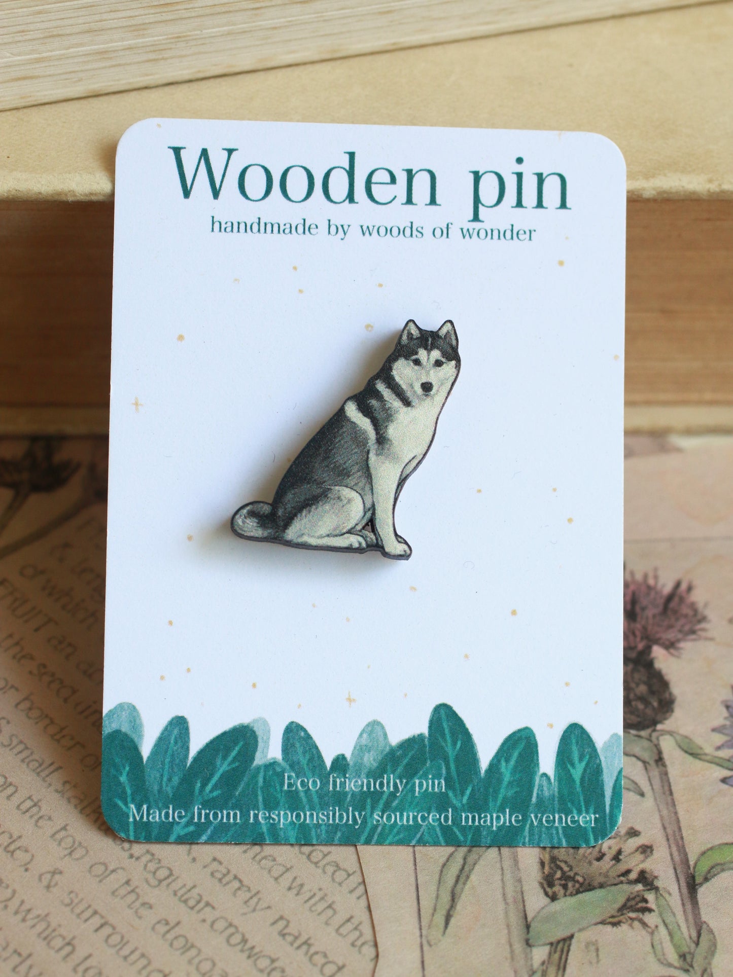 Husky pin - wooden dog brooch