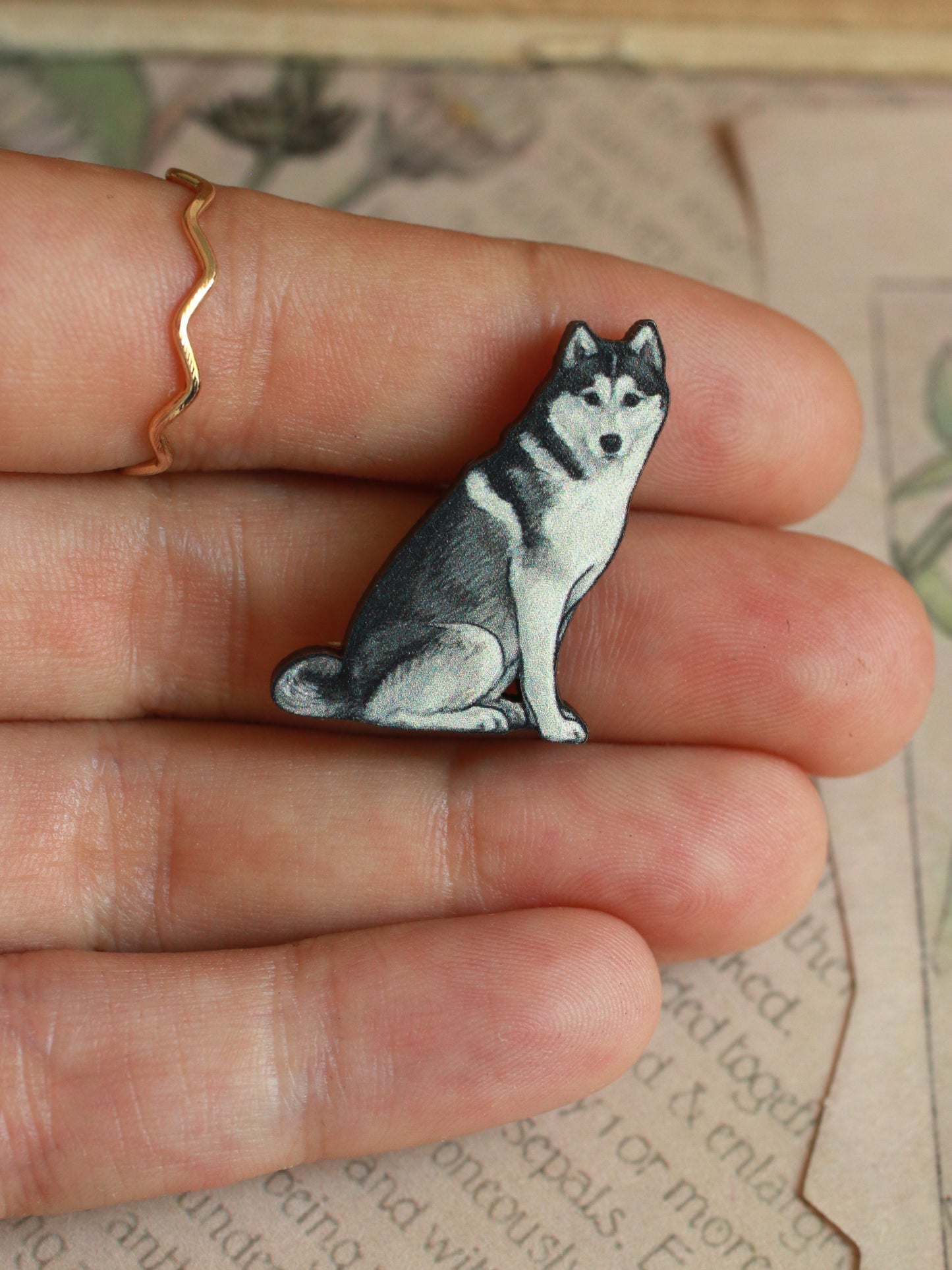 Husky pin - wooden dog brooch