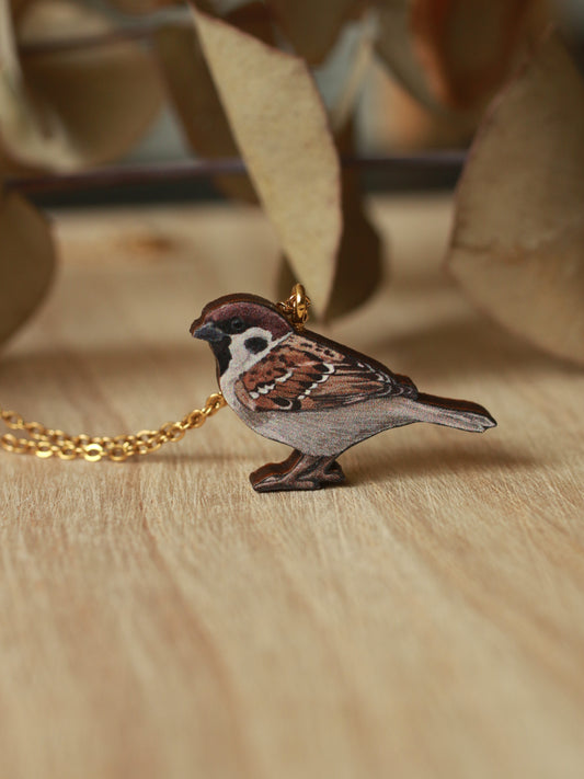 Sparrow necklace - wooden bird pendant