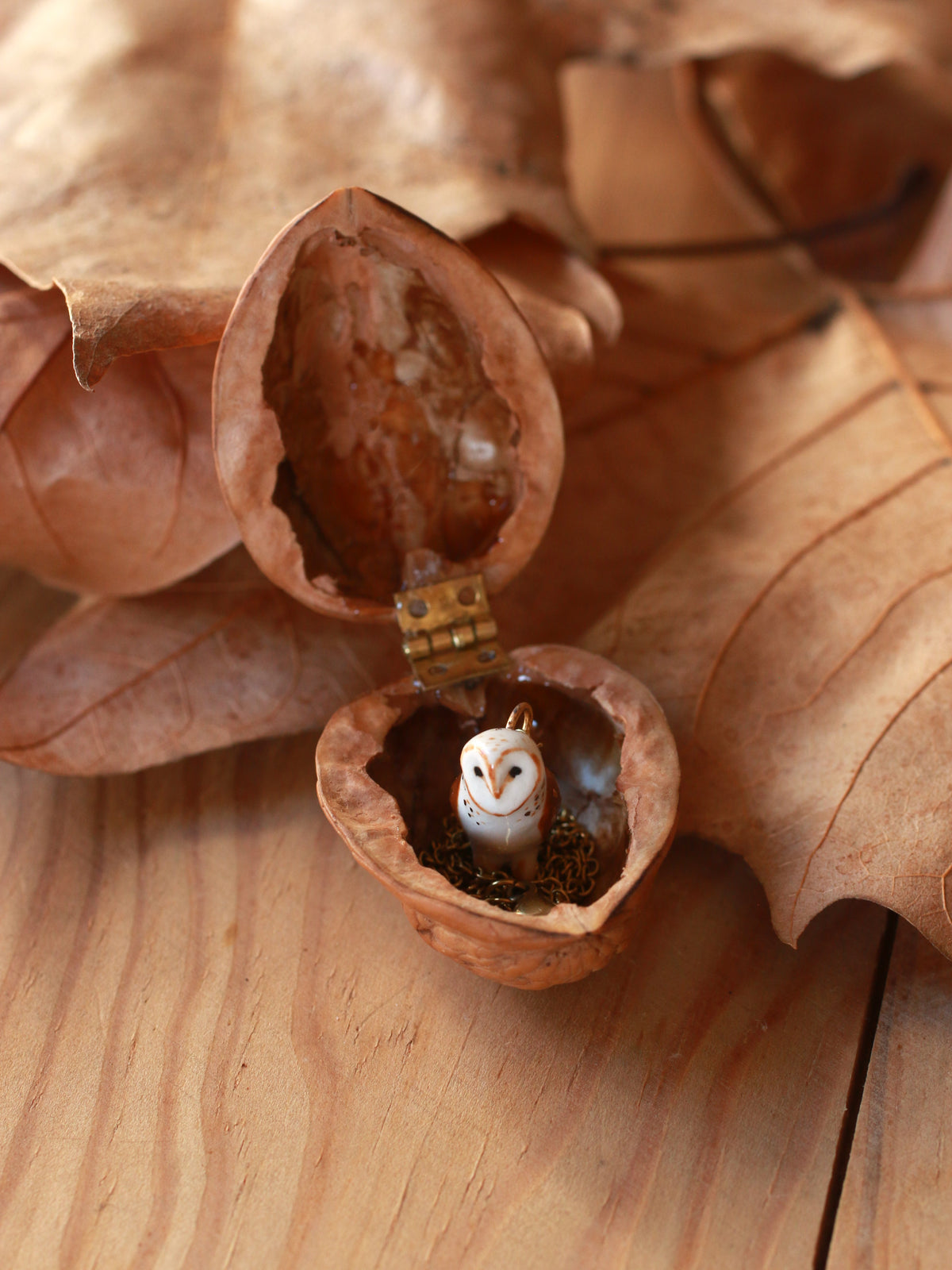 Barn owl necklace - walnut box