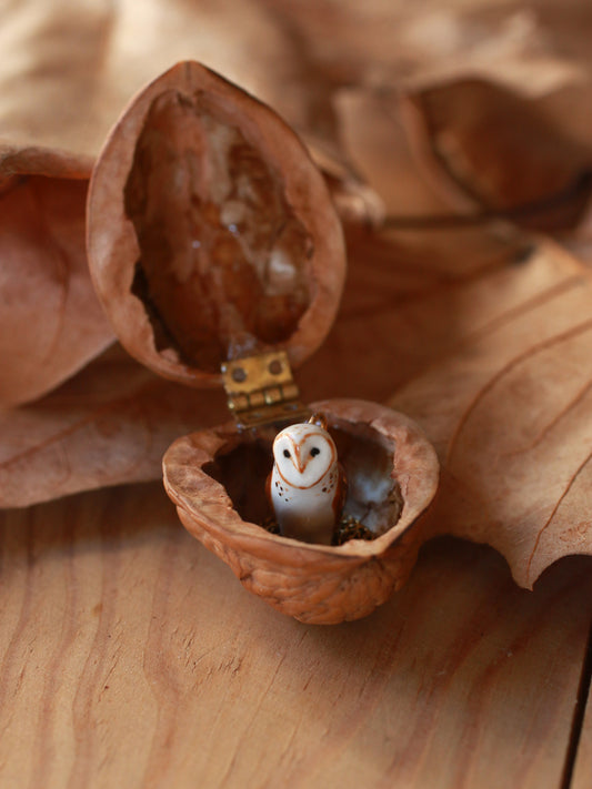 Barn owl necklace - walnut box