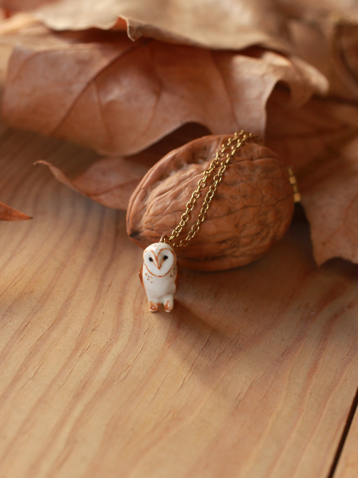 Barn owl necklace - walnut box