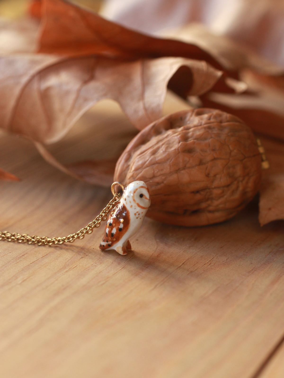 Barn owl necklace - walnut box