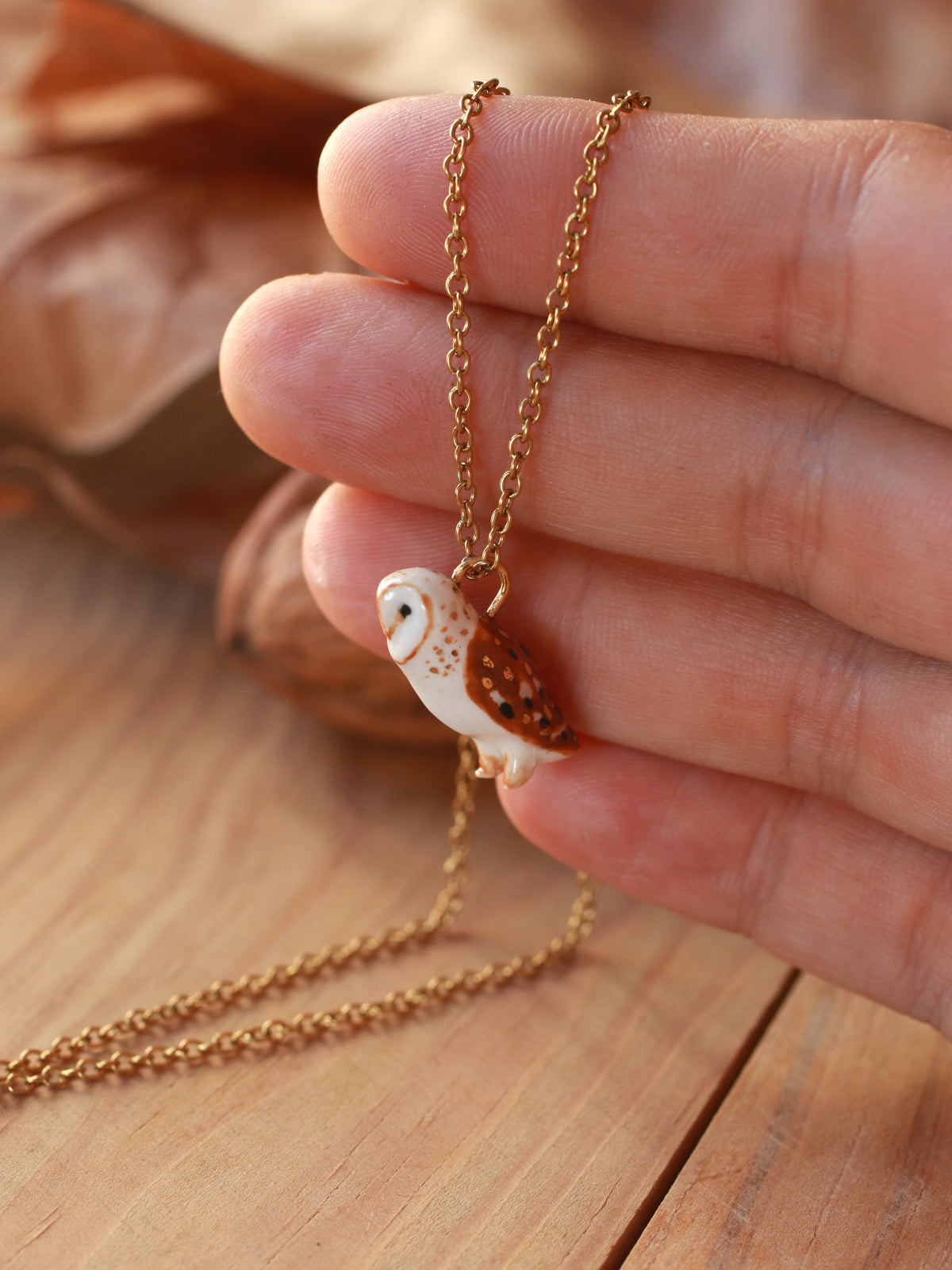 Barn owl necklace - walnut box