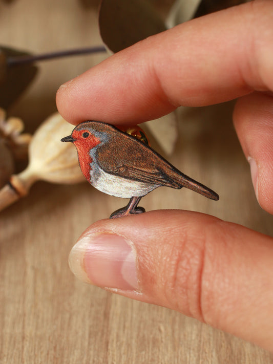 Robin pin - wooden bird brooch