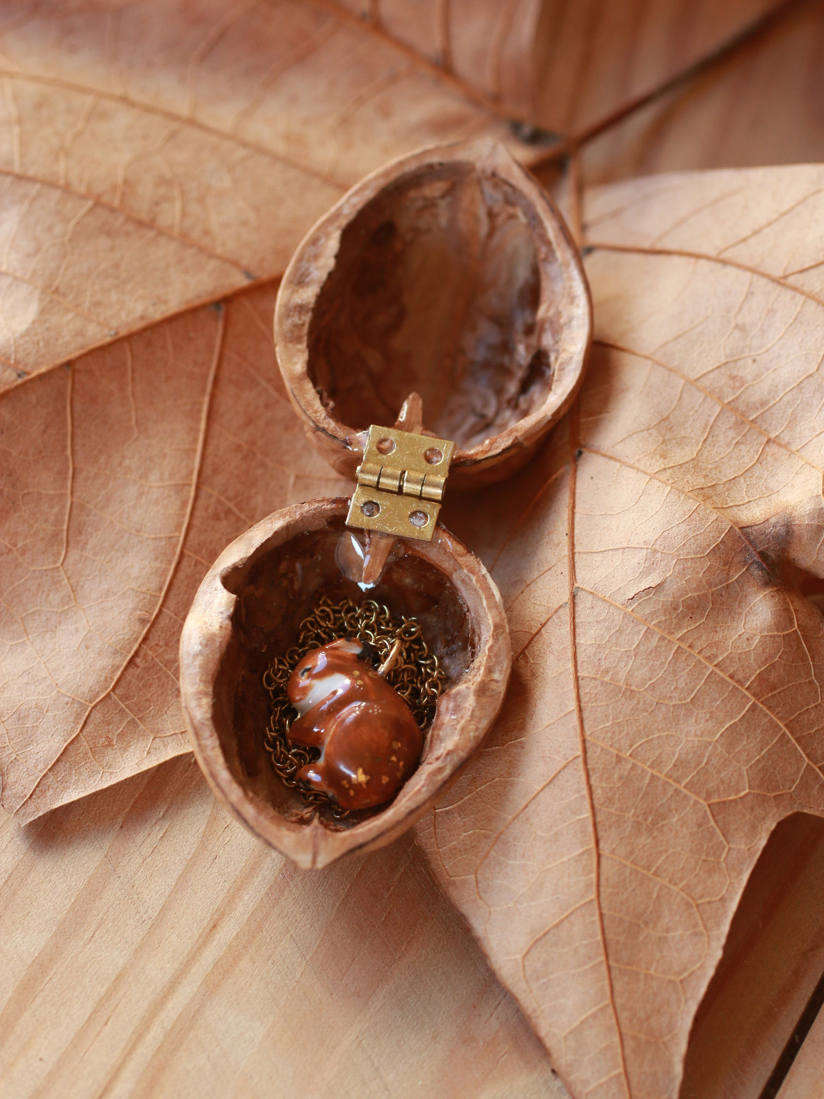 Sleeping bunny necklace - walnut box