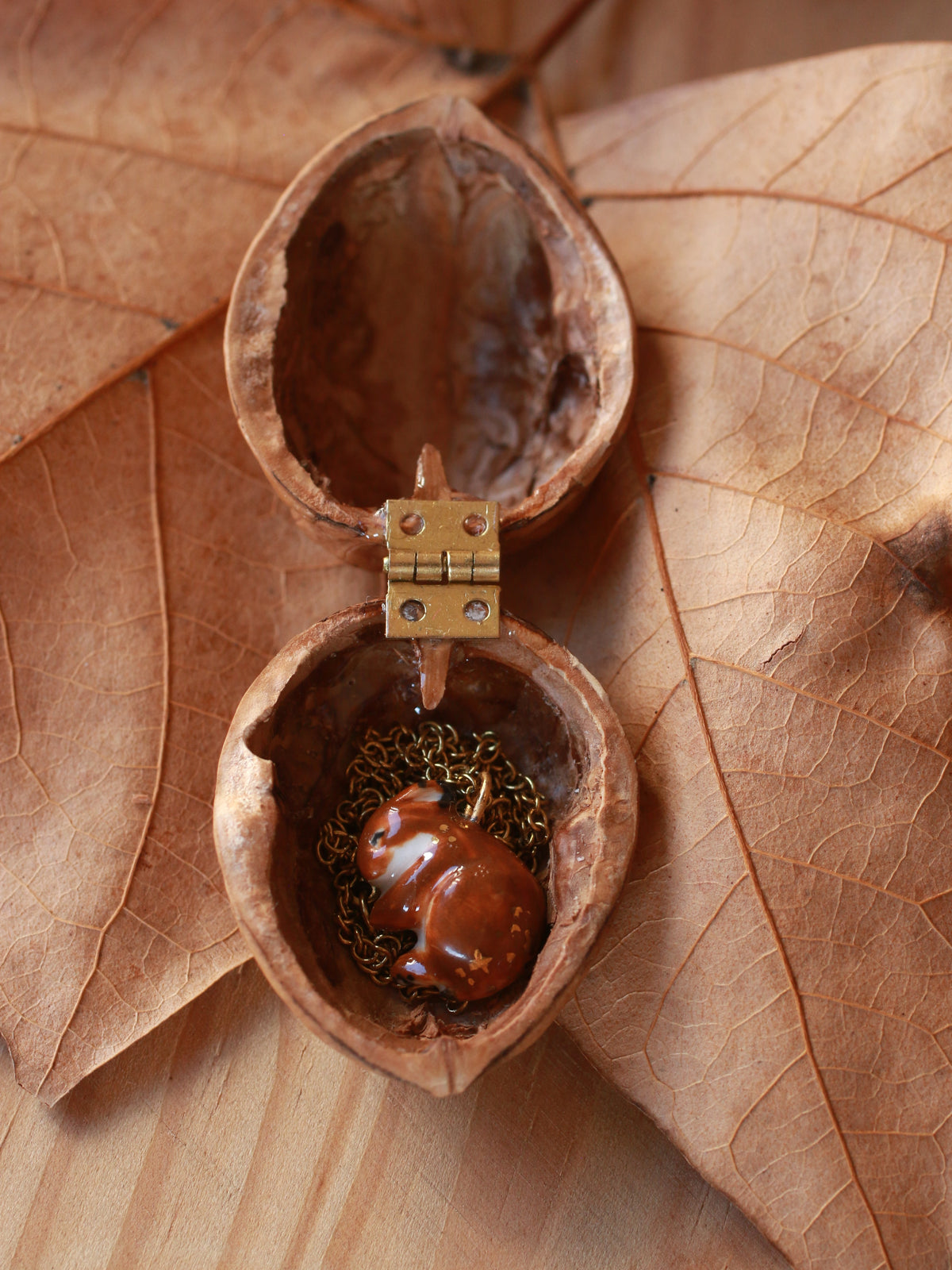 Sleeping bunny necklace - walnut box
