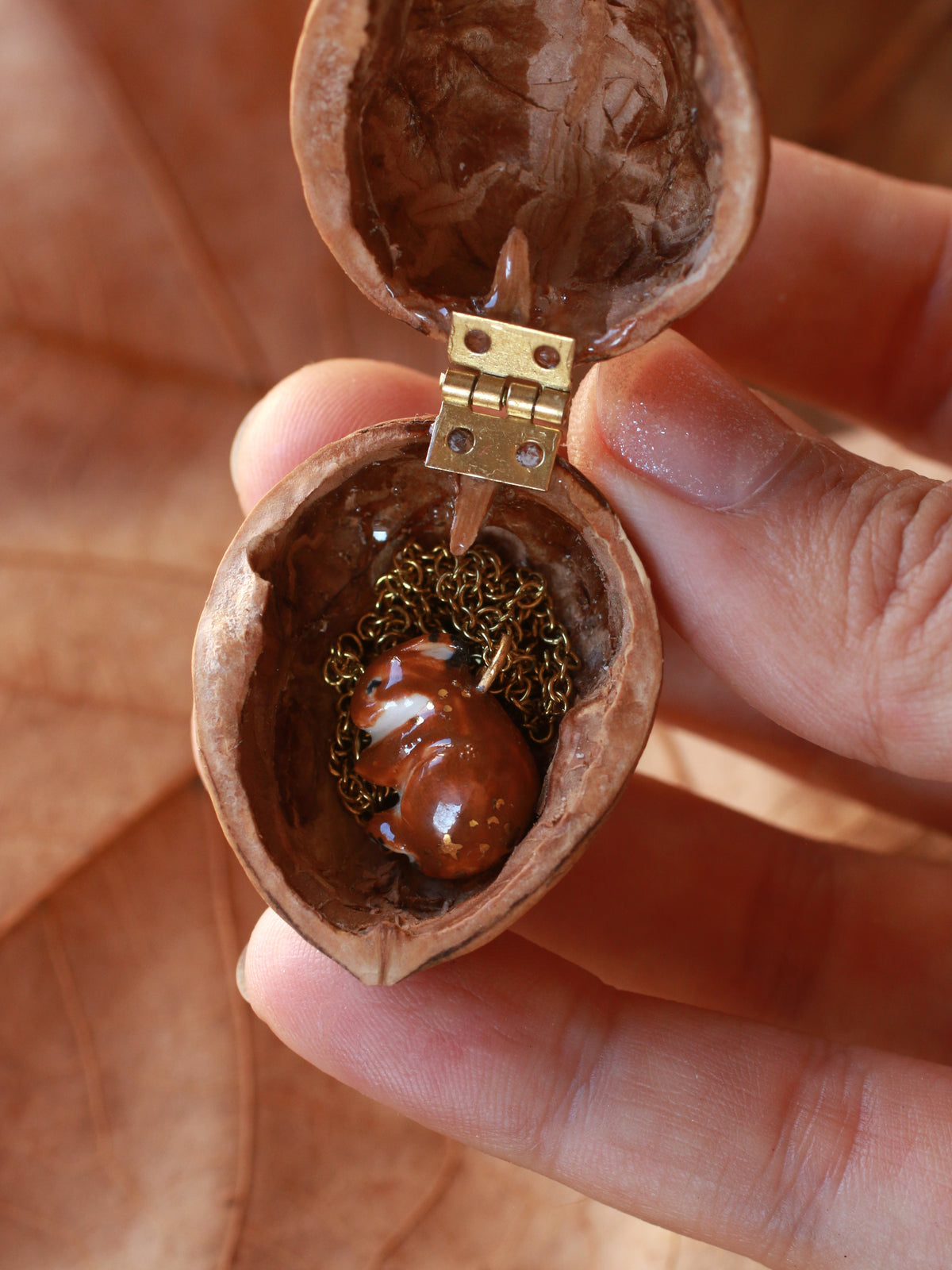 Sleeping bunny necklace - walnut box