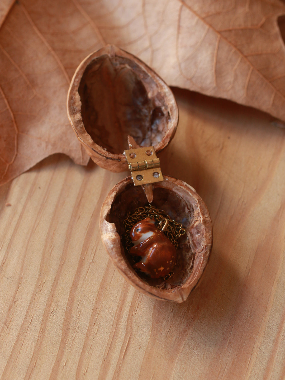 Sleeping bunny necklace - walnut box