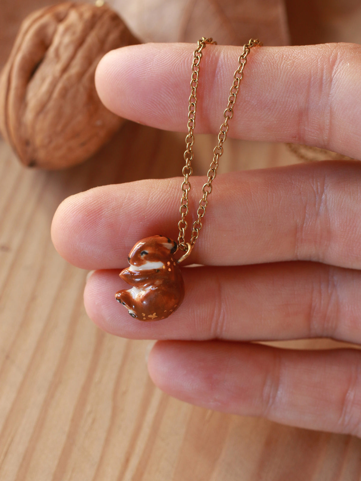 Sleeping bunny necklace - walnut box